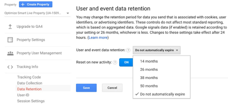 User and event data retention